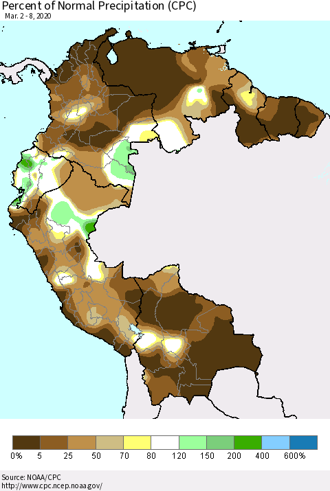 Northern South America Percent of Normal Precipitation (CPC) Thematic Map For 3/2/2020 - 3/8/2020