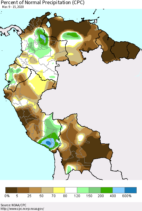 Northern South America Percent of Normal Precipitation (CPC) Thematic Map For 3/9/2020 - 3/15/2020