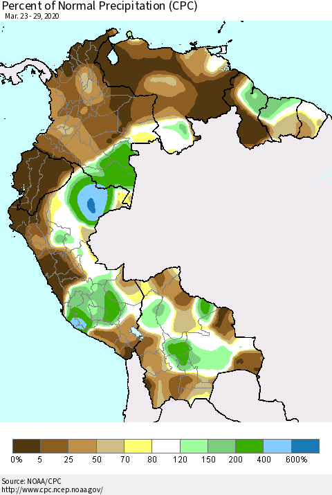 Northern South America Percent of Normal Precipitation (CPC) Thematic Map For 3/23/2020 - 3/29/2020