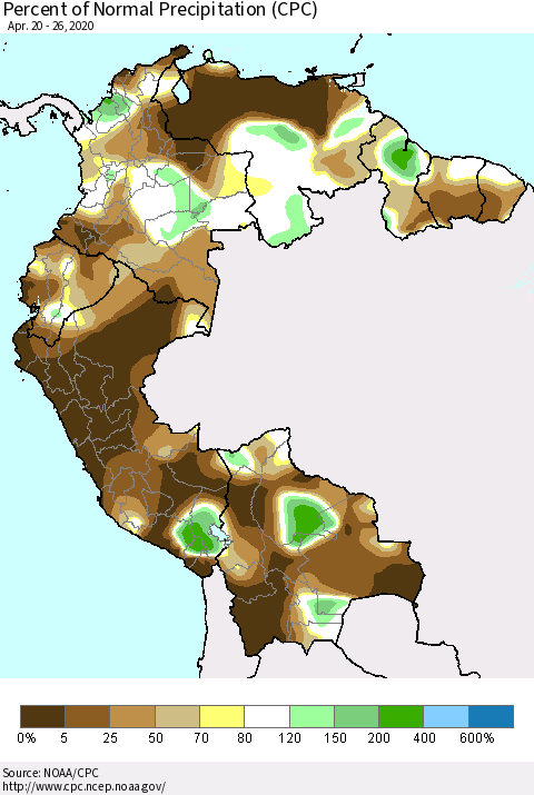 Northern South America Percent of Normal Precipitation (CPC) Thematic Map For 4/20/2020 - 4/26/2020
