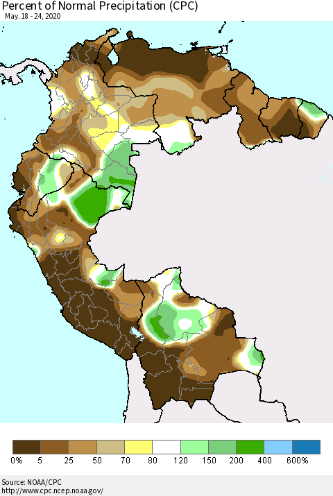 Northern South America Percent of Normal Precipitation (CPC) Thematic Map For 5/18/2020 - 5/24/2020