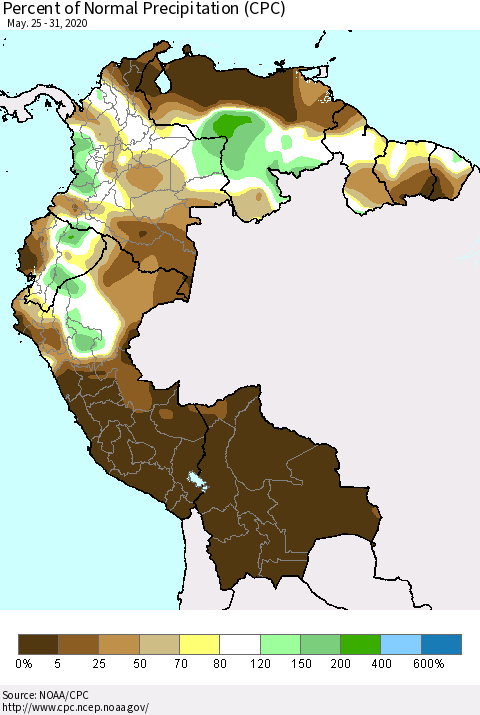 Northern South America Percent of Normal Precipitation (CPC) Thematic Map For 5/25/2020 - 5/31/2020