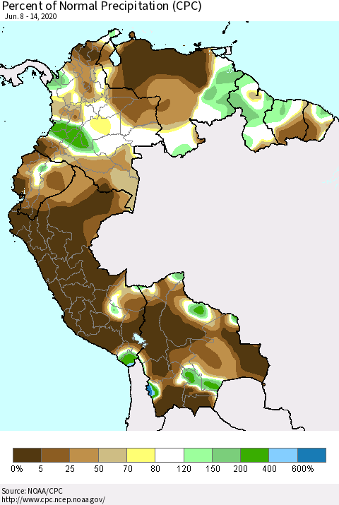 Northern South America Percent of Normal Precipitation (CPC) Thematic Map For 6/8/2020 - 6/14/2020