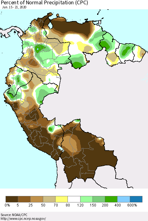 Northern South America Percent of Normal Precipitation (CPC) Thematic Map For 6/15/2020 - 6/21/2020