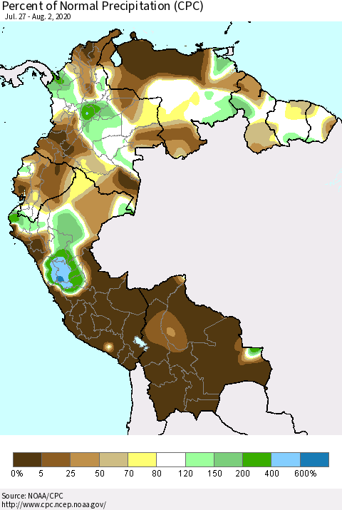 Northern South America Percent of Normal Precipitation (CPC) Thematic Map For 7/27/2020 - 8/2/2020