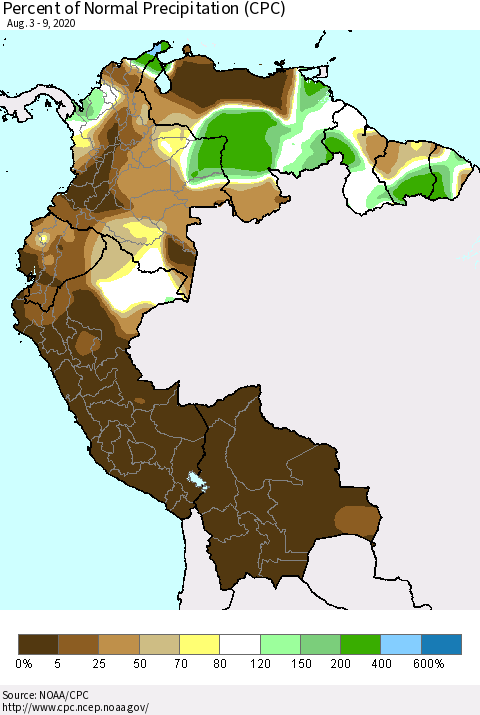 Northern South America Percent of Normal Precipitation (CPC) Thematic Map For 8/3/2020 - 8/9/2020
