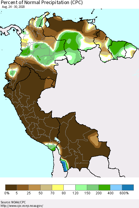 Northern South America Percent of Normal Precipitation (CPC) Thematic Map For 8/24/2020 - 8/30/2020