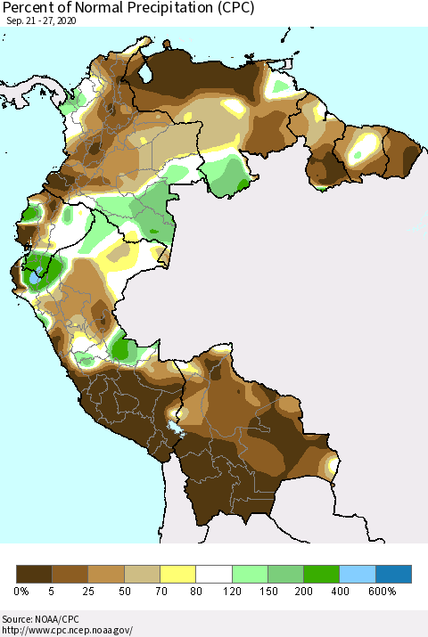 Northern South America Percent of Normal Precipitation (CPC) Thematic Map For 9/21/2020 - 9/27/2020