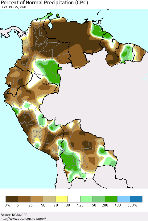 Northern South America Percent of Normal Precipitation (CPC) Thematic Map For 10/19/2020 - 10/25/2020