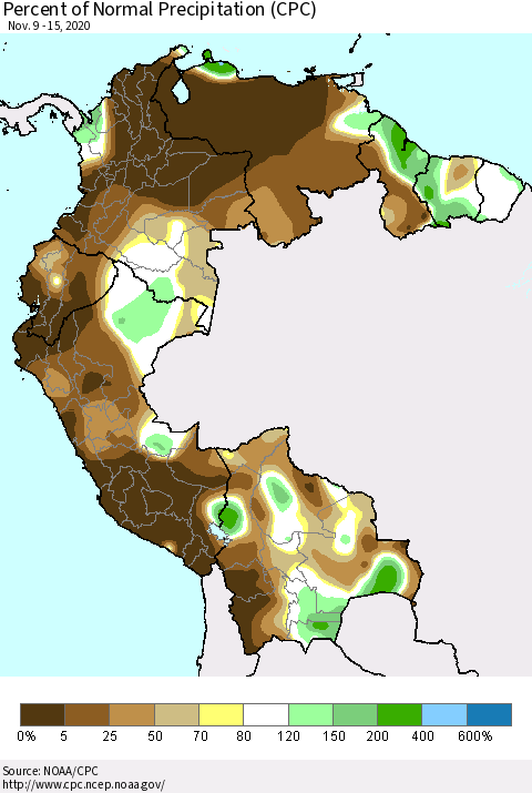 Northern South America Percent of Normal Precipitation (CPC) Thematic Map For 11/9/2020 - 11/15/2020