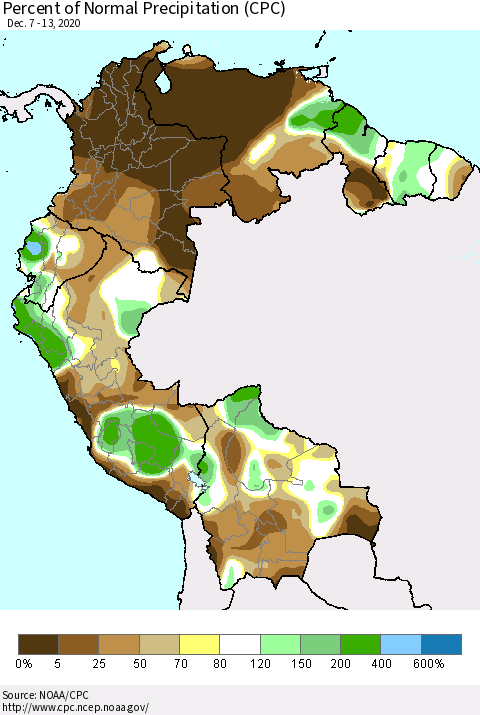 Northern South America Percent of Normal Precipitation (CPC) Thematic Map For 12/7/2020 - 12/13/2020