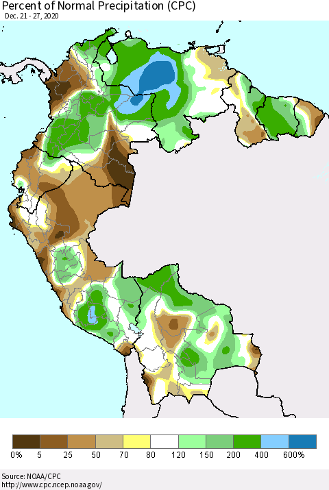 Northern South America Percent of Normal Precipitation (CPC) Thematic Map For 12/21/2020 - 12/27/2020
