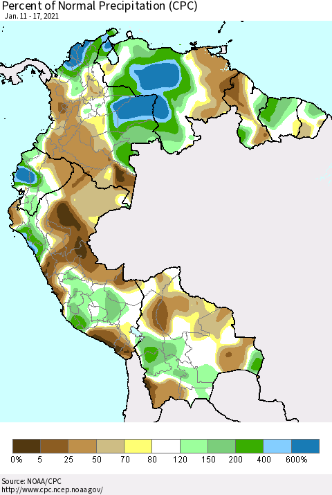 Northern South America Percent of Normal Precipitation (CPC) Thematic Map For 1/11/2021 - 1/17/2021