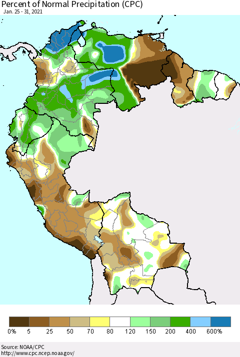 Northern South America Percent of Normal Precipitation (CPC) Thematic Map For 1/25/2021 - 1/31/2021