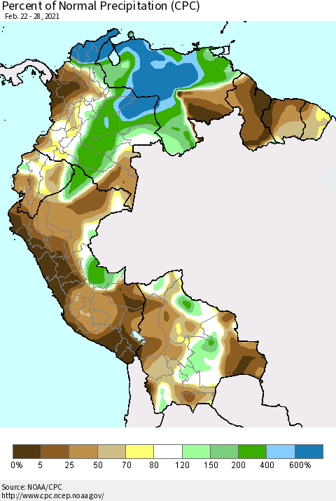 Northern South America Percent of Normal Precipitation (CPC) Thematic Map For 2/22/2021 - 2/28/2021