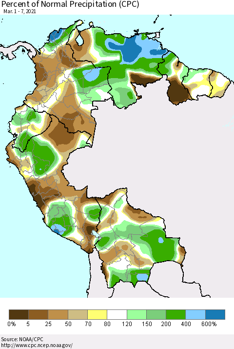 Northern South America Percent of Normal Precipitation (CPC) Thematic Map For 3/1/2021 - 3/7/2021