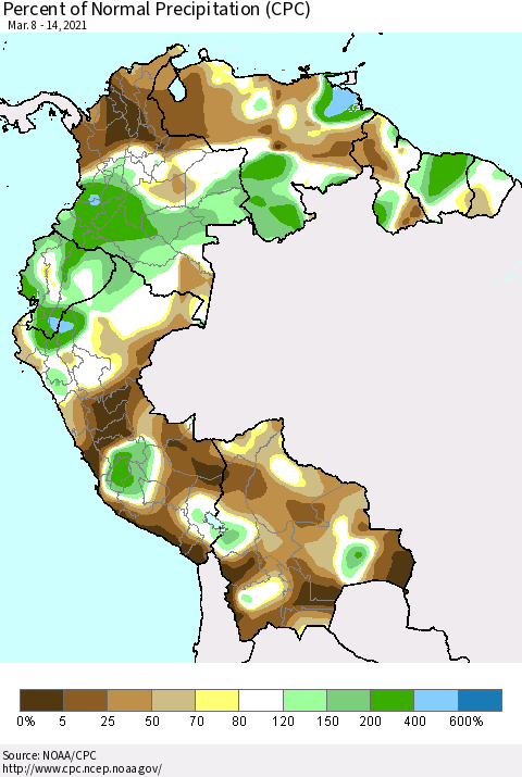 Northern South America Percent of Normal Precipitation (CPC) Thematic Map For 3/8/2021 - 3/14/2021