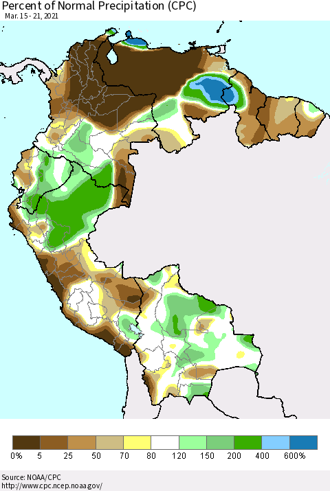 Northern South America Percent of Normal Precipitation (CPC) Thematic Map For 3/15/2021 - 3/21/2021