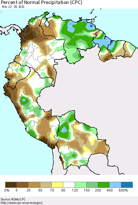 Northern South America Percent of Normal Precipitation (CPC) Thematic Map For 3/22/2021 - 3/28/2021
