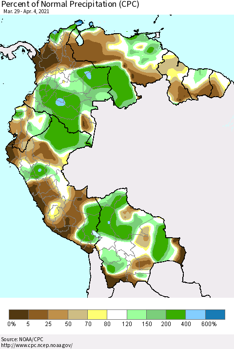 Northern South America Percent of Normal Precipitation (CPC) Thematic Map For 3/29/2021 - 4/4/2021