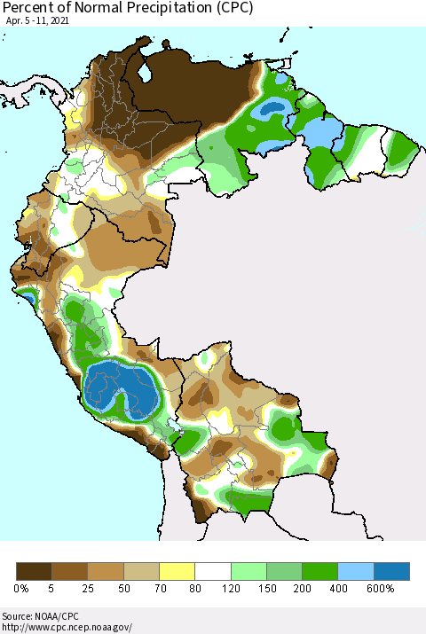 Northern South America Percent of Normal Precipitation (CPC) Thematic Map For 4/5/2021 - 4/11/2021
