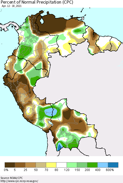 Northern South America Percent of Normal Precipitation (CPC) Thematic Map For 4/12/2021 - 4/18/2021