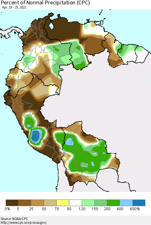 Northern South America Percent of Normal Precipitation (CPC) Thematic Map For 4/19/2021 - 4/25/2021