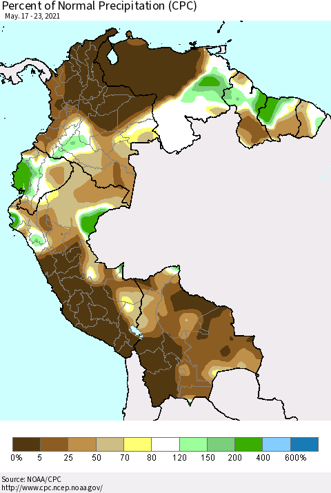 Northern South America Percent of Normal Precipitation (CPC) Thematic Map For 5/17/2021 - 5/23/2021