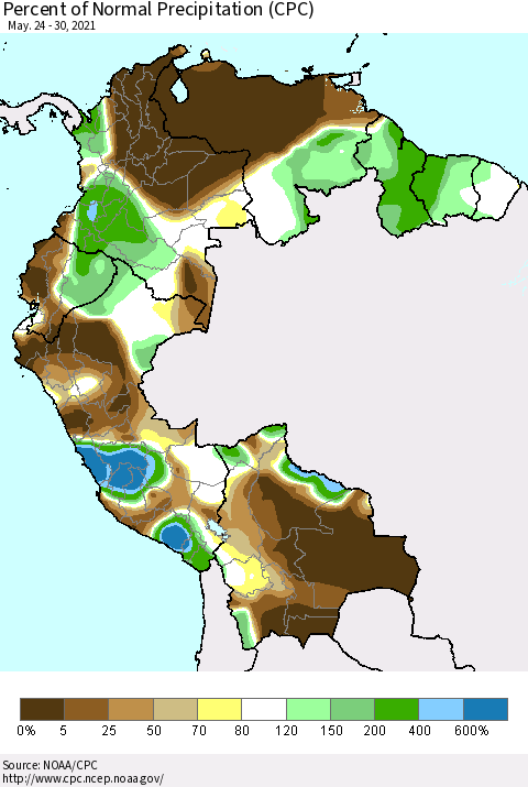 Northern South America Percent of Normal Precipitation (CPC) Thematic Map For 5/24/2021 - 5/30/2021
