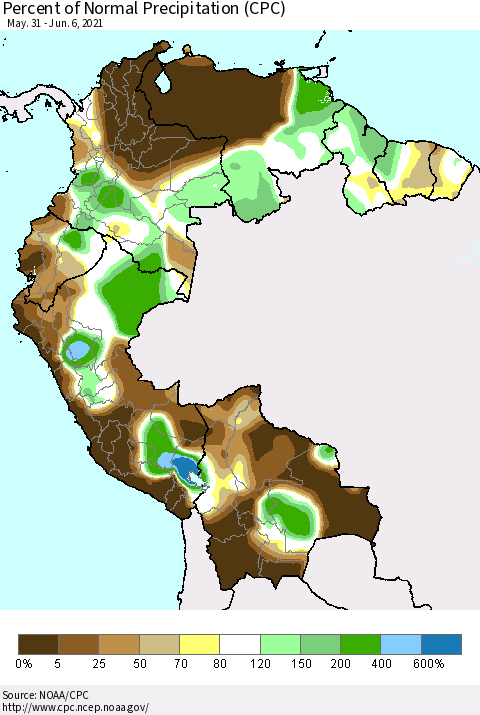 Northern South America Percent of Normal Precipitation (CPC) Thematic Map For 5/31/2021 - 6/6/2021