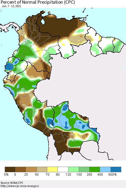 Northern South America Percent of Normal Precipitation (CPC) Thematic Map For 6/7/2021 - 6/13/2021