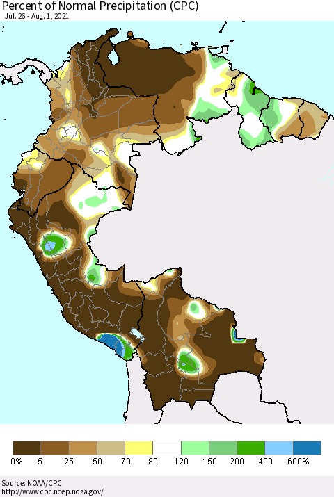 Northern South America Percent of Normal Precipitation (CPC) Thematic Map For 7/26/2021 - 8/1/2021