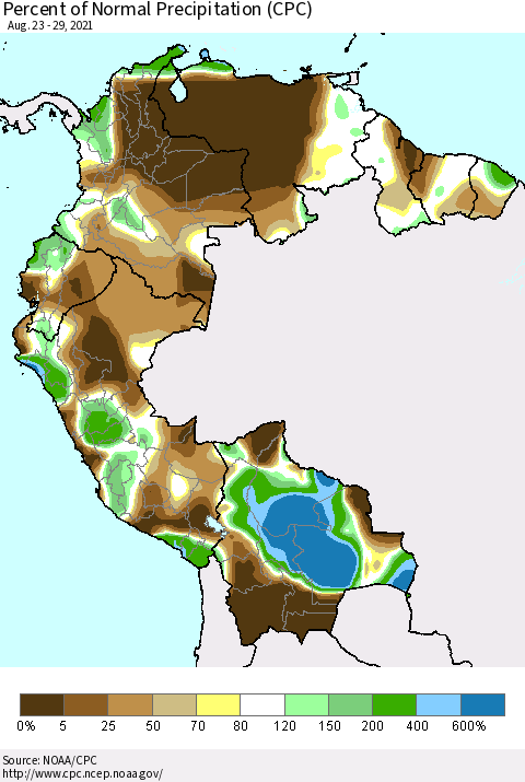 Northern South America Percent of Normal Precipitation (CPC) Thematic Map For 8/23/2021 - 8/29/2021