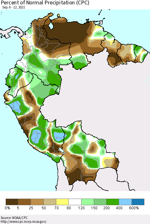 Northern South America Percent of Normal Precipitation (CPC) Thematic Map For 9/6/2021 - 9/12/2021