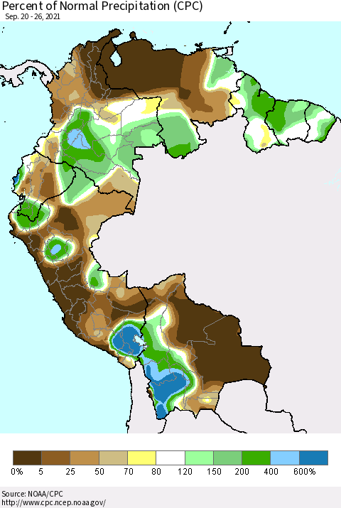 Northern South America Percent of Normal Precipitation (CPC) Thematic Map For 9/20/2021 - 9/26/2021