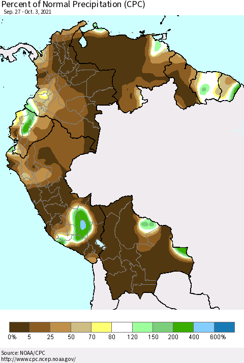 Northern South America Percent of Normal Precipitation (CPC) Thematic Map For 9/27/2021 - 10/3/2021