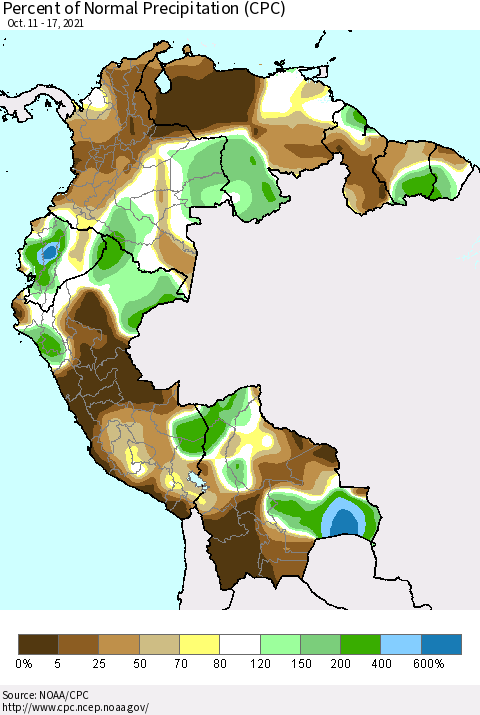 Northern South America Percent of Normal Precipitation (CPC) Thematic Map For 10/11/2021 - 10/17/2021