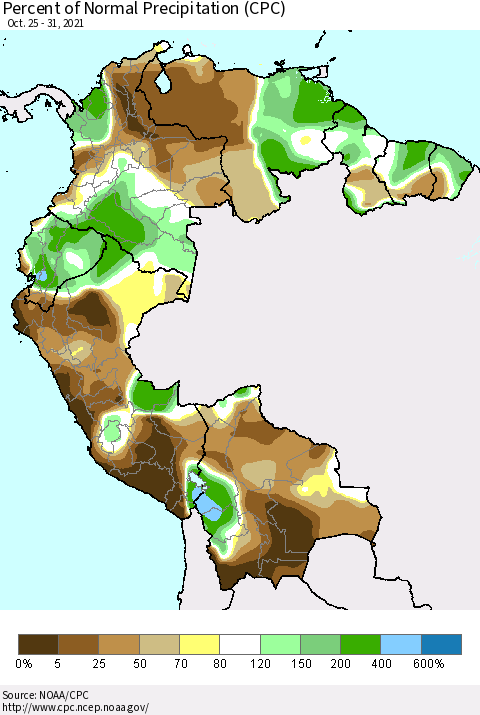 Northern South America Percent of Normal Precipitation (CPC) Thematic Map For 10/25/2021 - 10/31/2021