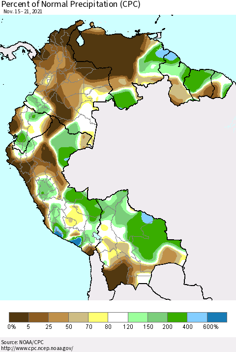 Northern South America Percent of Normal Precipitation (CPC) Thematic Map For 11/15/2021 - 11/21/2021