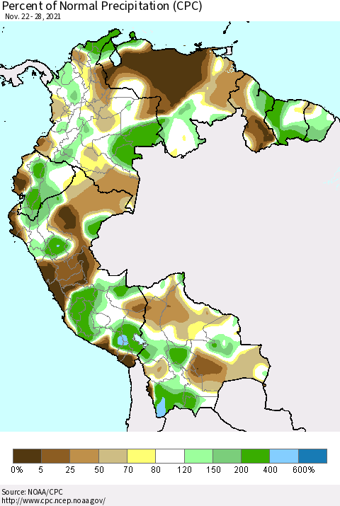 Northern South America Percent of Normal Precipitation (CPC) Thematic Map For 11/22/2021 - 11/28/2021