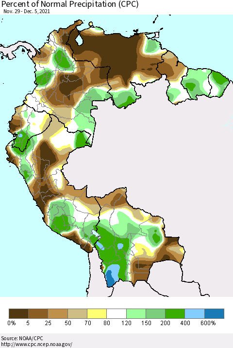 Northern South America Percent of Normal Precipitation (CPC) Thematic Map For 11/29/2021 - 12/5/2021