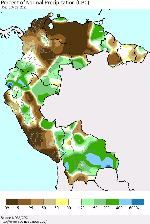 Northern South America Percent of Normal Precipitation (CPC) Thematic Map For 12/13/2021 - 12/19/2021