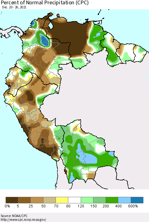 Northern South America Percent of Normal Precipitation (CPC) Thematic Map For 12/20/2021 - 12/26/2021