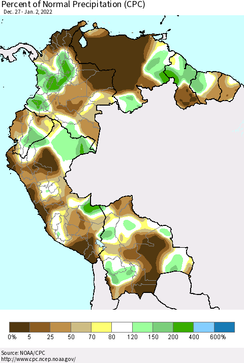 Northern South America Percent of Normal Precipitation (CPC) Thematic Map For 12/27/2021 - 1/2/2022