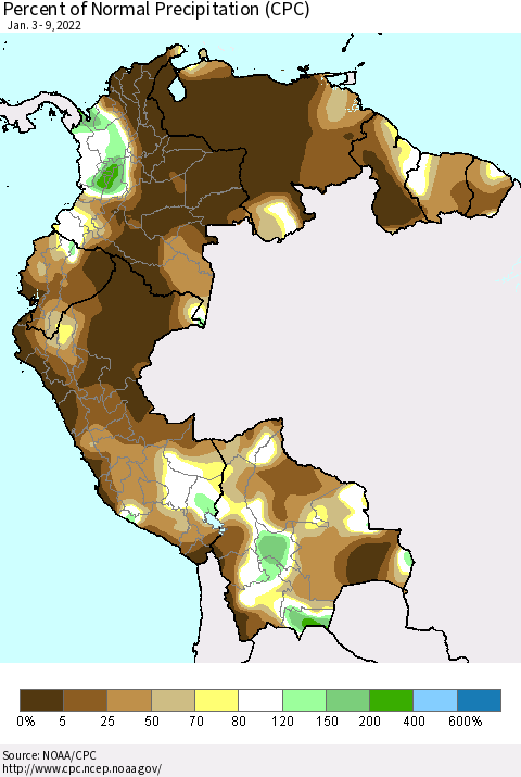 Northern South America Percent of Normal Precipitation (CPC) Thematic Map For 1/3/2022 - 1/9/2022
