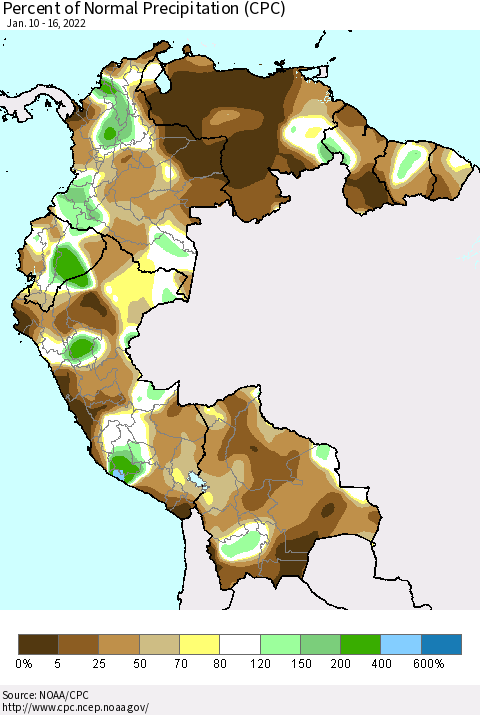 Northern South America Percent of Normal Precipitation (CPC) Thematic Map For 1/10/2022 - 1/16/2022