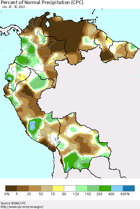 Northern South America Percent of Normal Precipitation (CPC) Thematic Map For 1/24/2022 - 1/30/2022