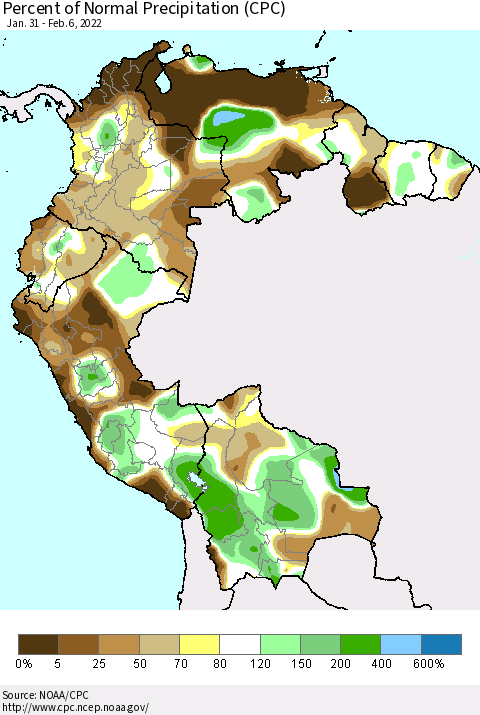 Northern South America Percent of Normal Precipitation (CPC) Thematic Map For 1/31/2022 - 2/6/2022