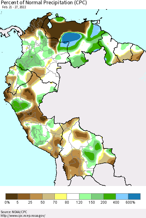 Northern South America Percent of Normal Precipitation (CPC) Thematic Map For 2/21/2022 - 2/27/2022