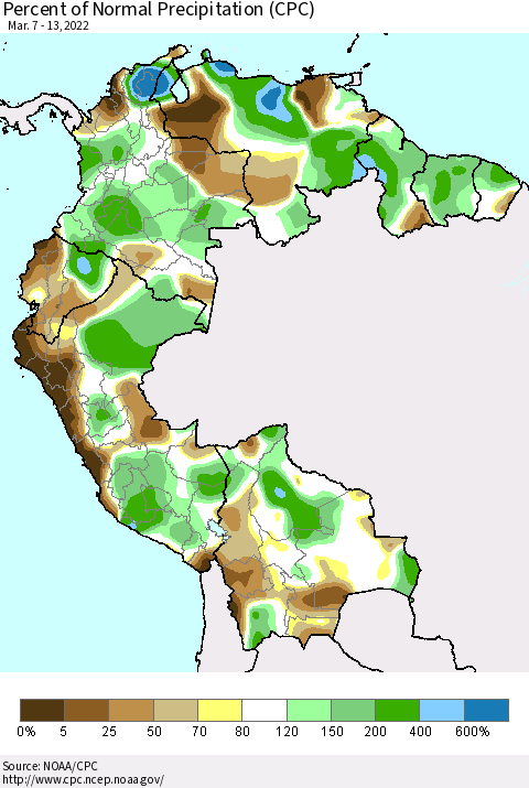 Northern South America Percent of Normal Precipitation (CPC) Thematic Map For 3/7/2022 - 3/13/2022